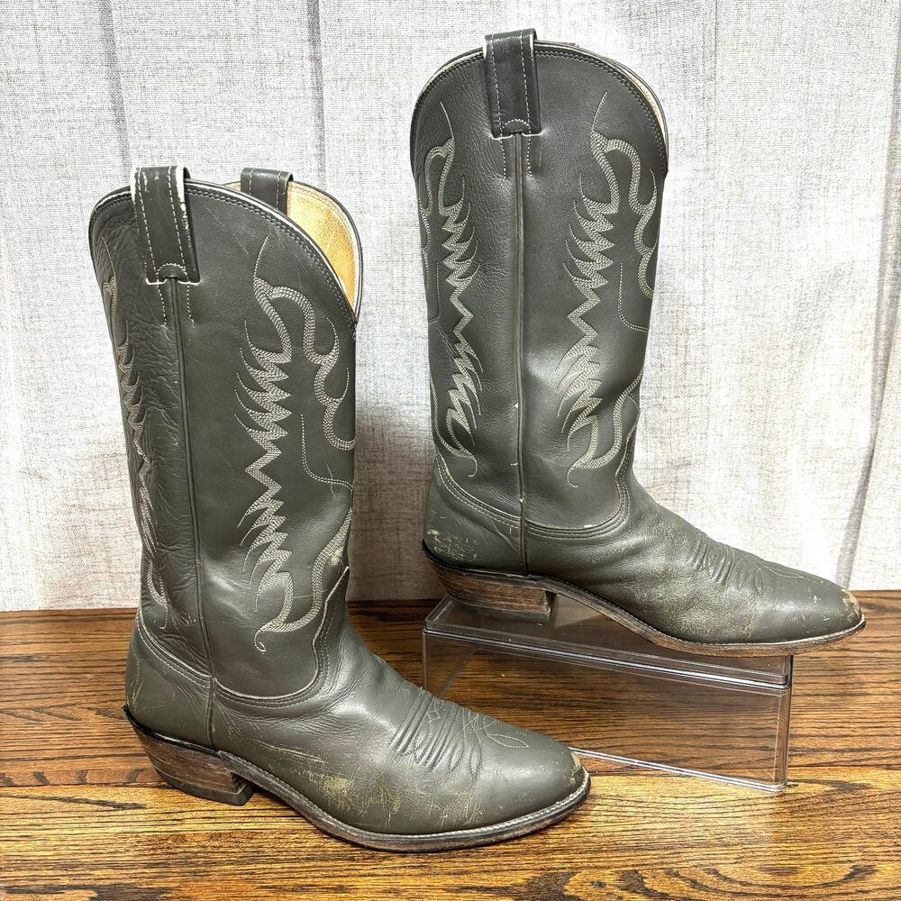 Vintage Nocona Men’s 9D Gray Leather Cowboy Boots USA Made Western Flame Stitch